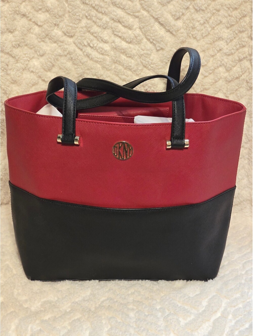 DKNY Saffiano Leather Tote Bag Red Black Colorblock Gold Logo Shoulder Purse